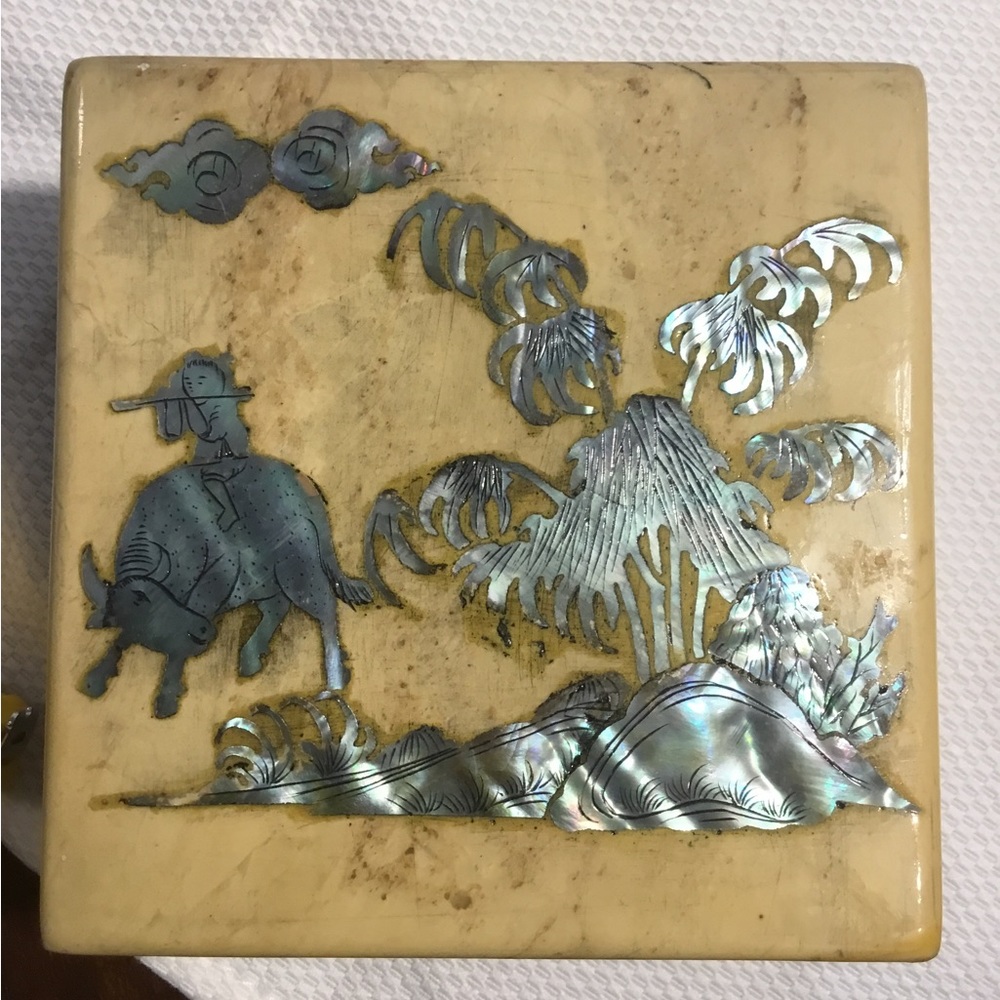 1970’s Stone Slab Box Featuring Inlaid MOP~ Person Riding Bull w/ Moutain